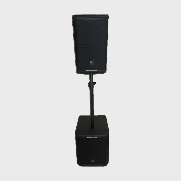 JBL PRX915XLF sub and JBL PRX912 top with pole – single pair for hire | Itchenor Sound
